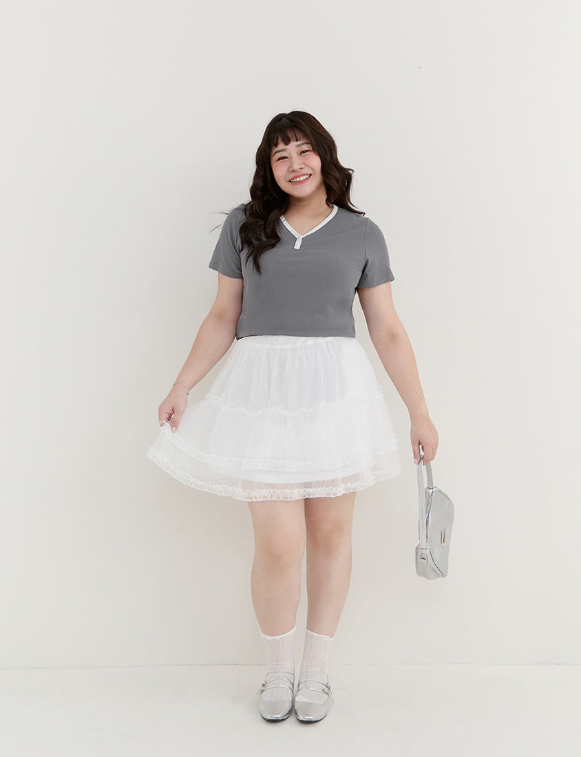 Simple V-Neck Contrast Ribbed Plus Size Tee