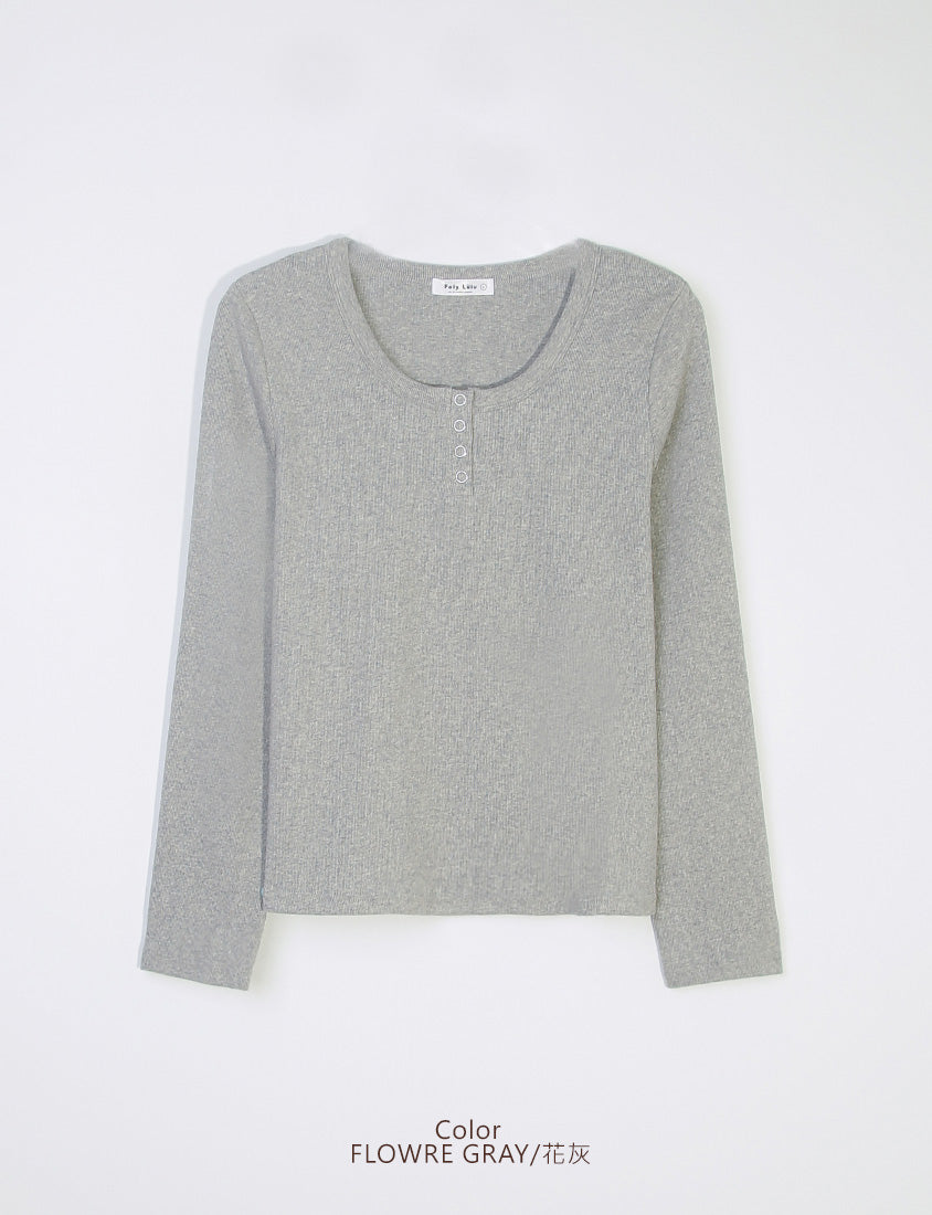 MUA! Crew Neck Button Front Slimming Ribbed Plus Size Long Sleeve Top