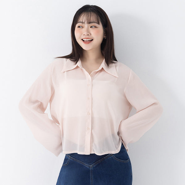 Sheer Crinkle Bell Sleeve Cropped Plus Size Shirt
