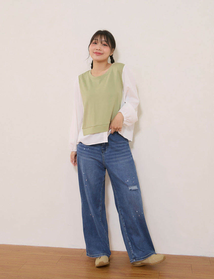 Crewneck Puff Sleeve Faux Two Piece Plus Size Long Sleeve Top