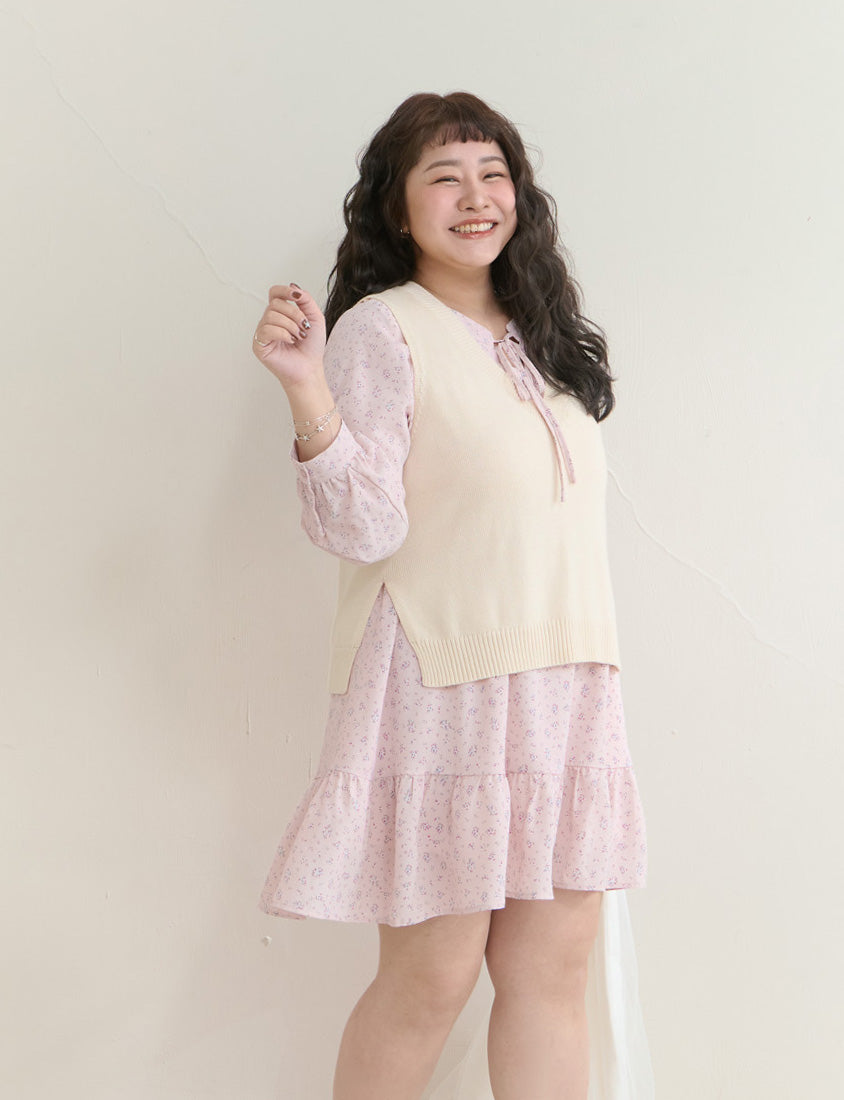Early Spring Floral Tie-Front Long Sleeve Plus Size Mini Dress