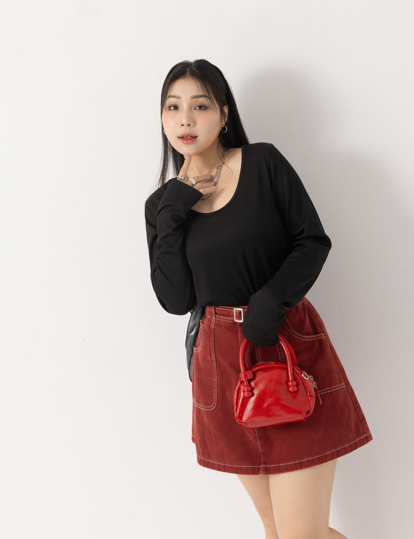 MUA! U-Neck Ribbed Curved Hem Plus Size Long Sleeve Top