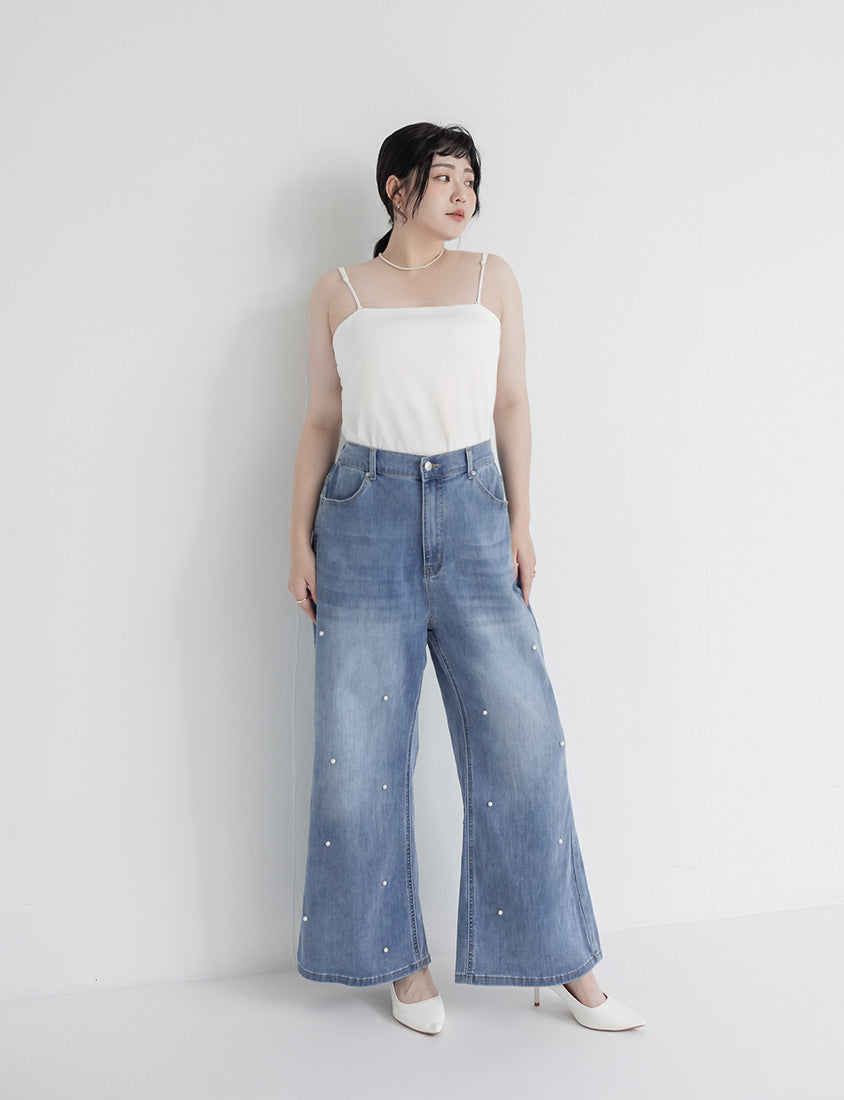 Pearl Embellished Stretch Denim Plus Size Wide Leg Pants