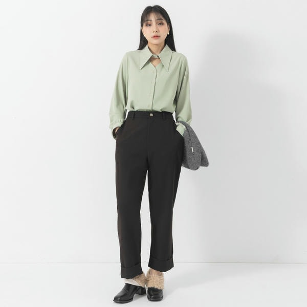 MISS. Cut Out Point Collar Plus Size Long Sleeve Shirt