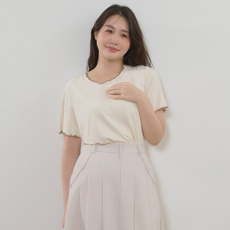 Cute Ruffle Trim Ribbed Plus Size Top