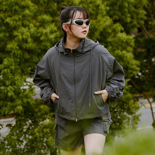 Instant Cooling UV-Protection Cropped Utility Hooded Plus Size Jacket