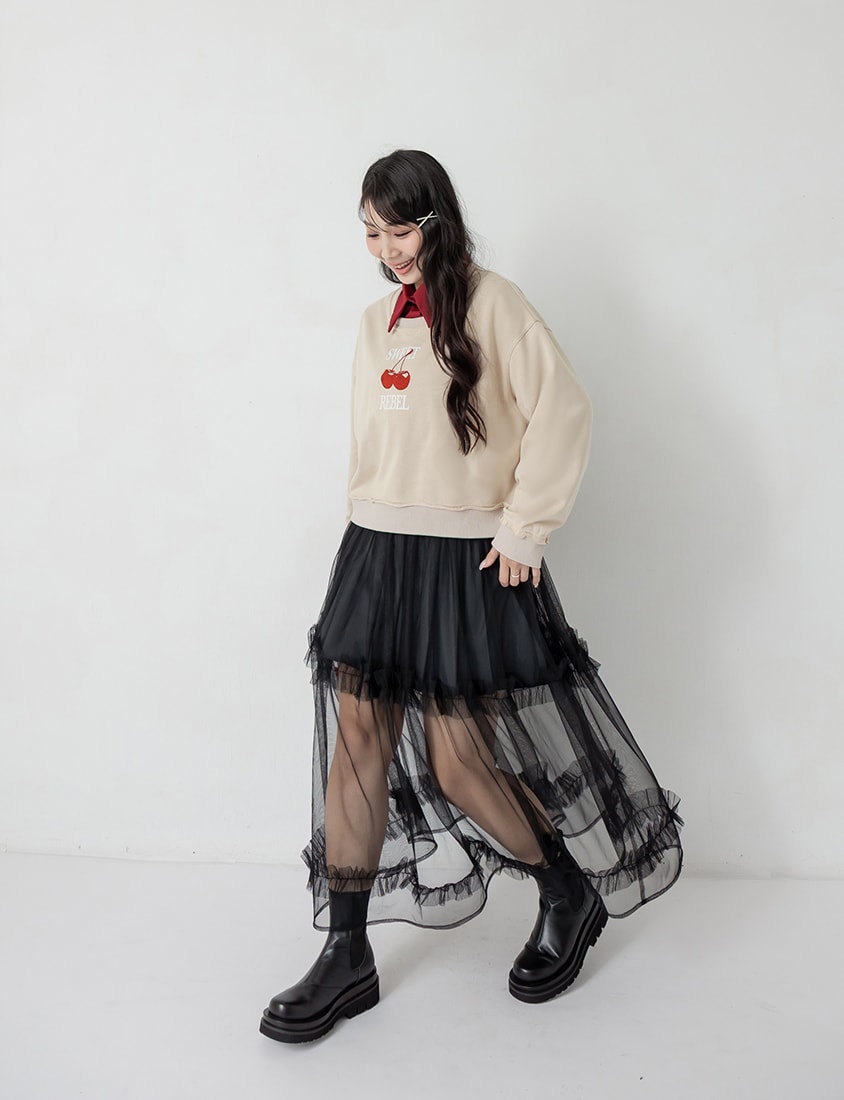 Cute Cherry Raw-Edge Oversized Sweatshirt