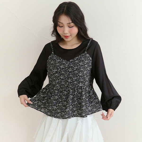 Floral Faux Two Piece Sheer Plus Size Long Sleeve Top