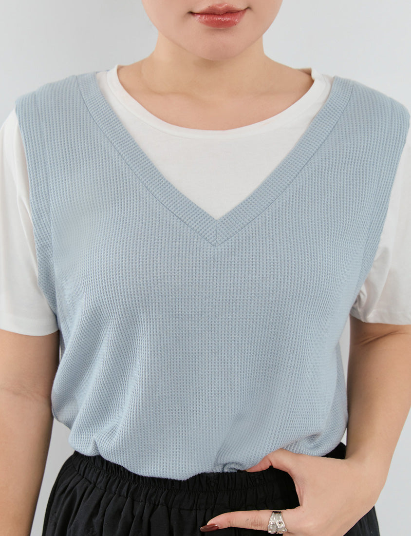 Contrast Waffle Faux Two Piece Plus Size Tee