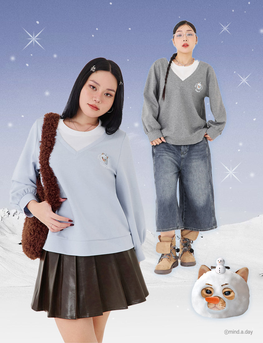 Snowball Cover Cat Faux Layered Plus Size Cloud Cotton Top (Unisex) (MIND.A.DAY Collaboration)