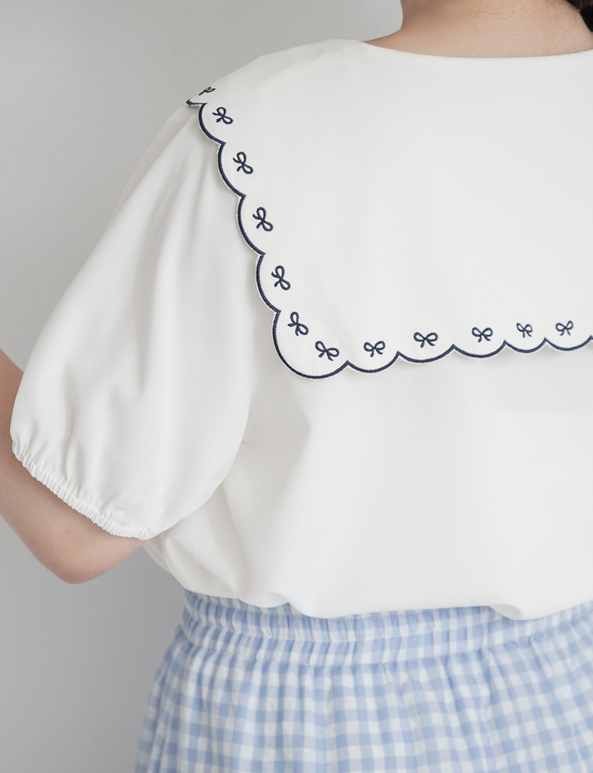 Cute Bow Embroidered Collared Plus Size Top