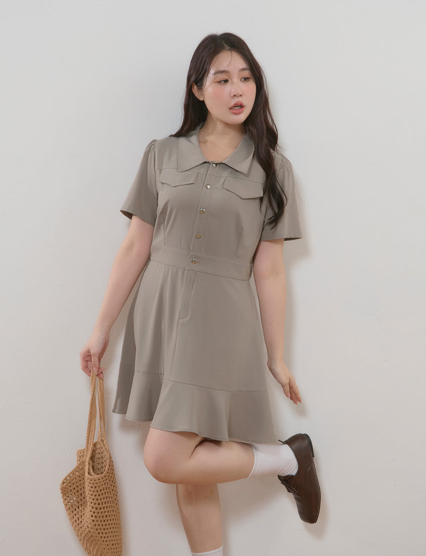 Elegant Heart Button Collar Plus Size Mini Dress