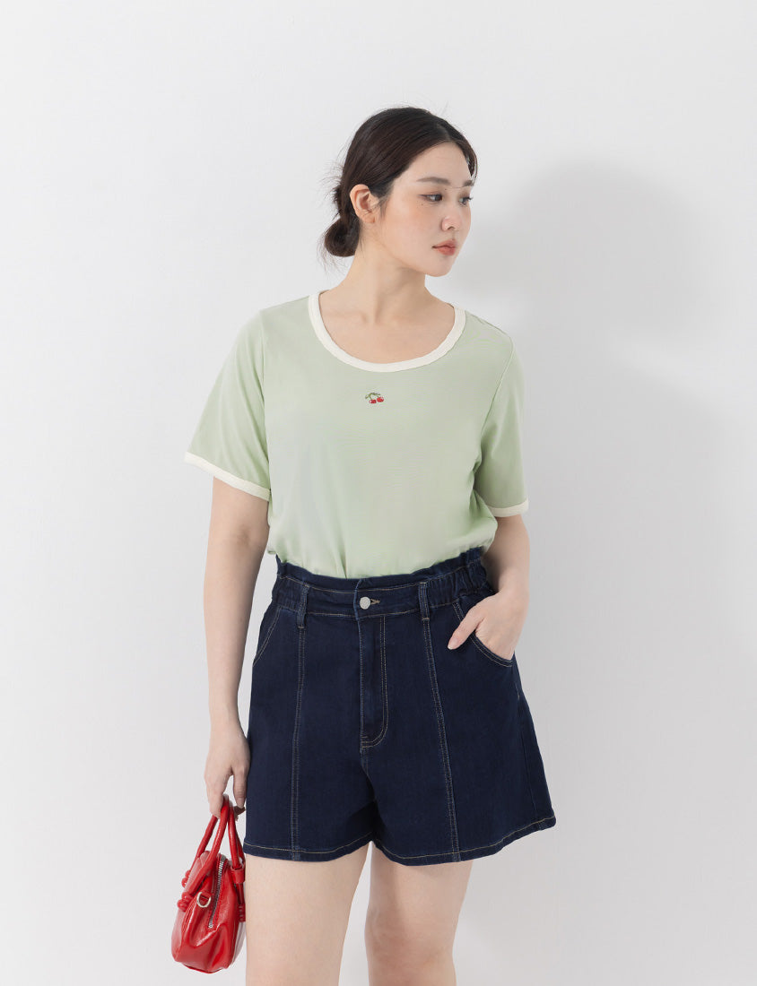Playful Bubble Hem Stitch Plus Size Denim Shorts