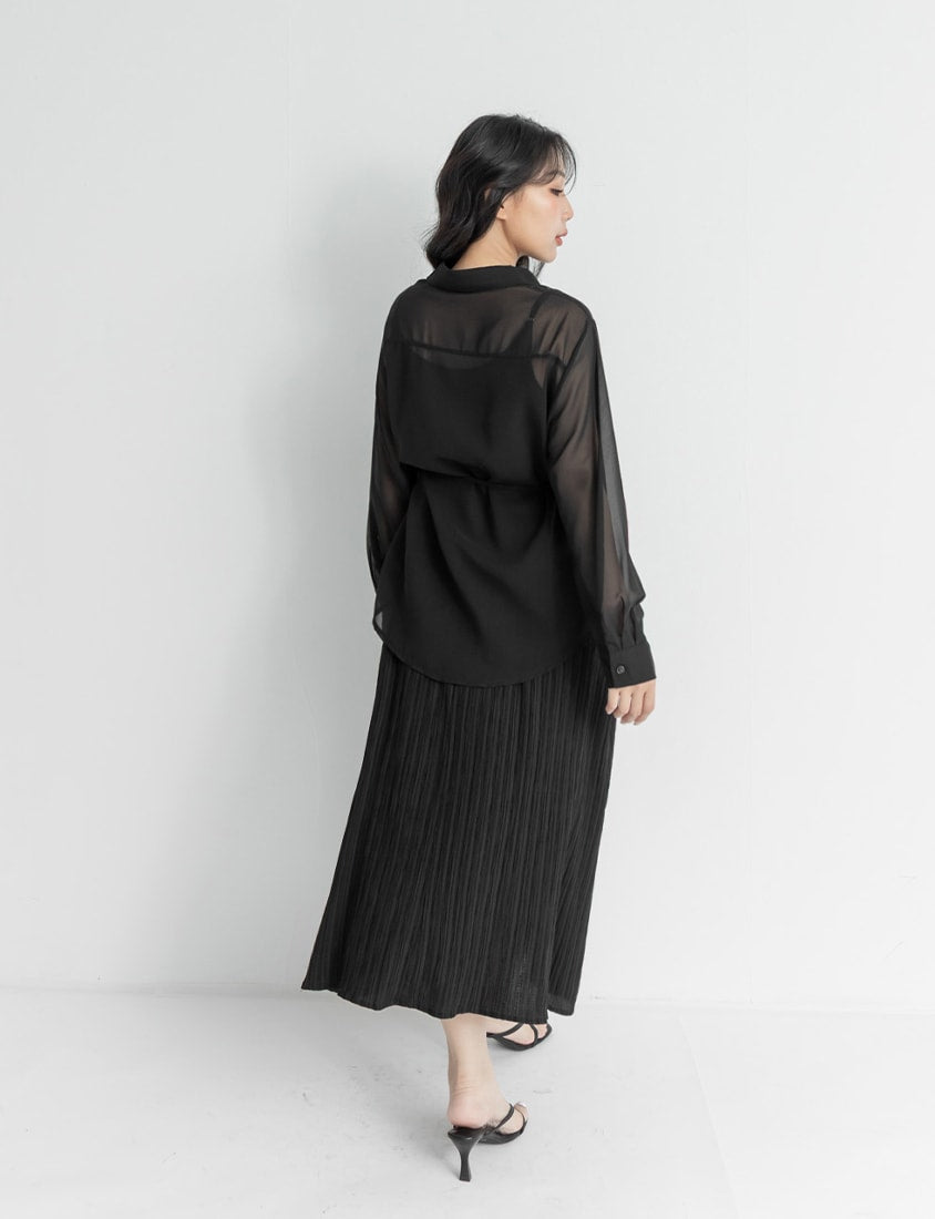 Sheer Shirt With Strap Dress Plus Size Set (With Waist Tie)