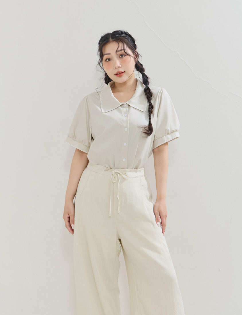 Contrast Embroidered Lace Puff Sleeve Plus Size Shirt