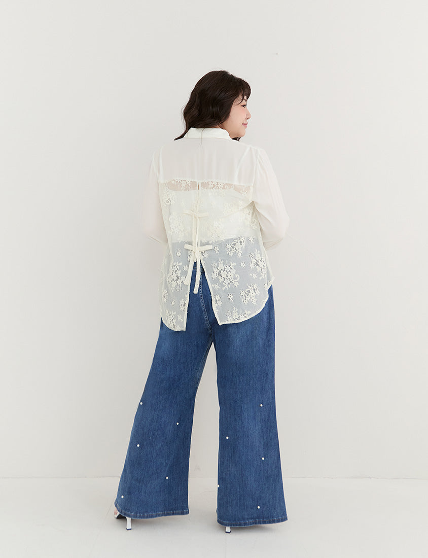 Elegant Lace Patchwork Semi-Sheer Chiffon Plus Size Shirt