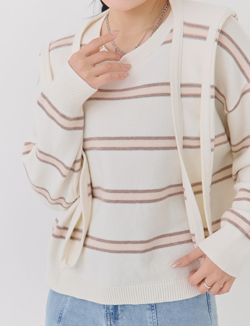 Japanese-Style Colorblock Striped Plus Size Knit Top (With Hooded Shawl)
