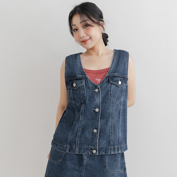 V-Neck Pocket Button Plus Size Denim Vest