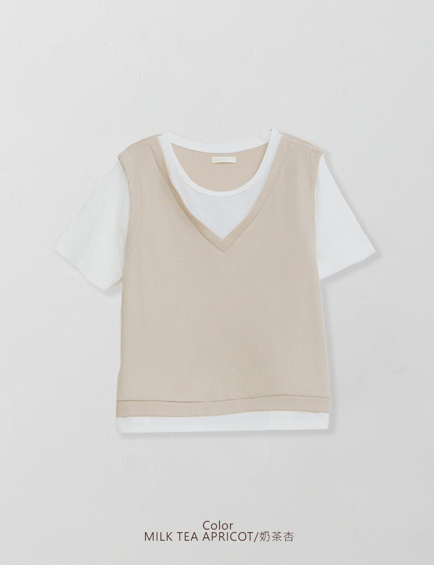 Contrast Waffle Faux Two Piece Plus Size Tee