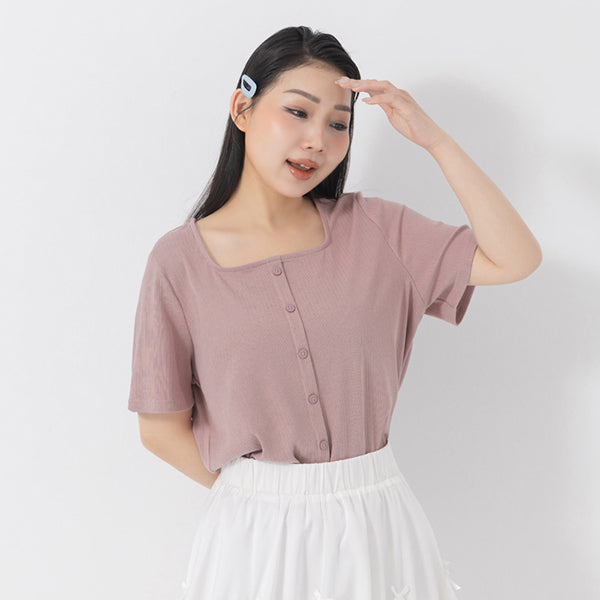 Tencel Ribbed Faux Button Square Neck Plus Size Top