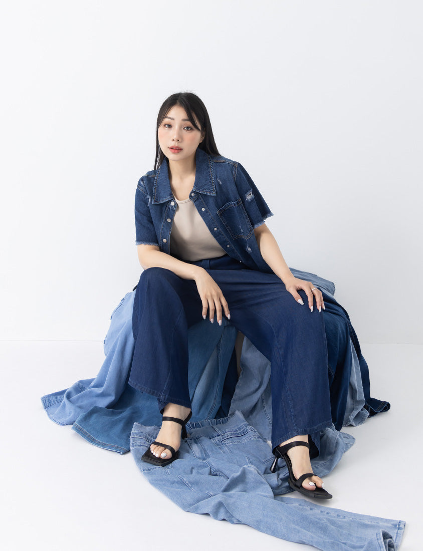 Tencel Silky Denim Distressed Plus Size Shirt Jacket