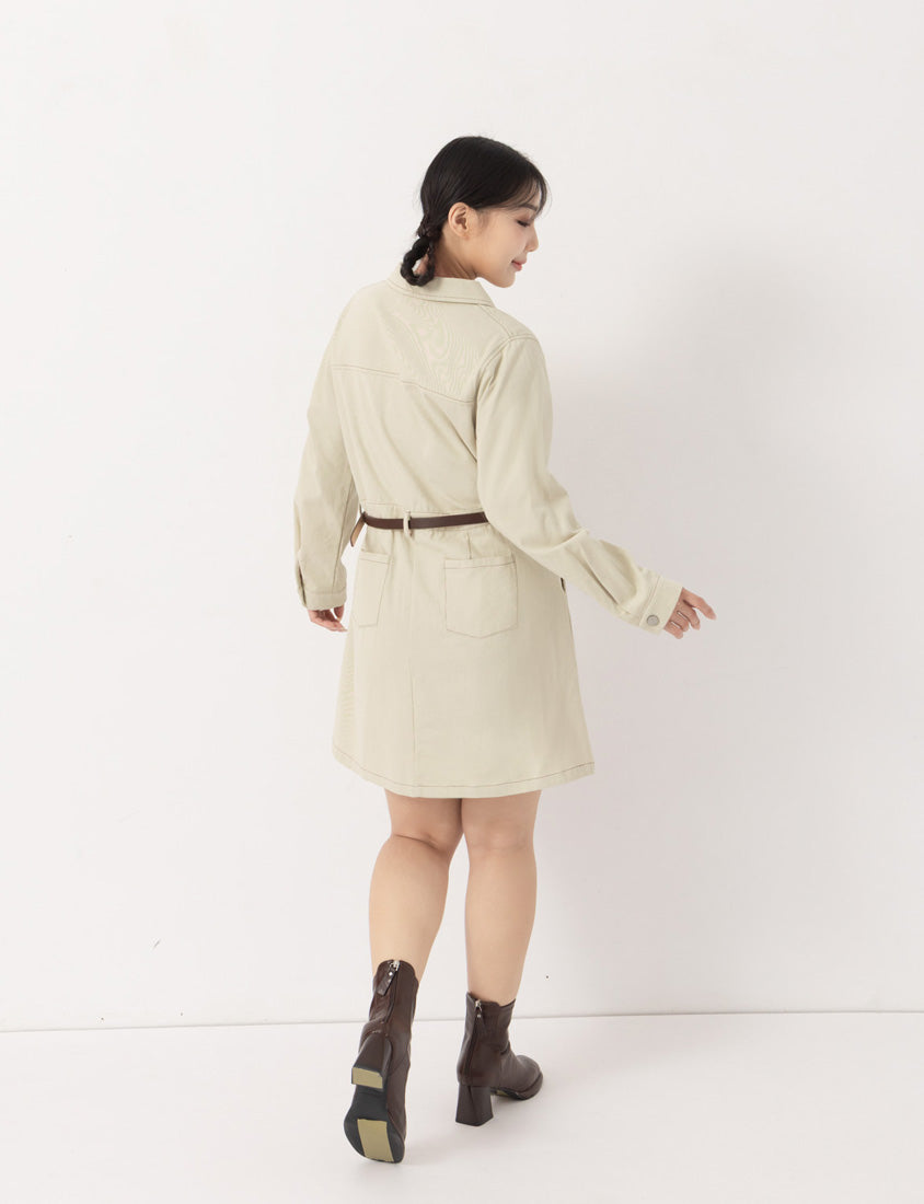 Twill Colorblock Topstitched Button-Up Plus Size Mini Dress (With Belt)