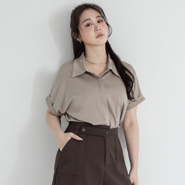 MISS. Minimal Satin Rolled Sleeve Plus Size Shirt