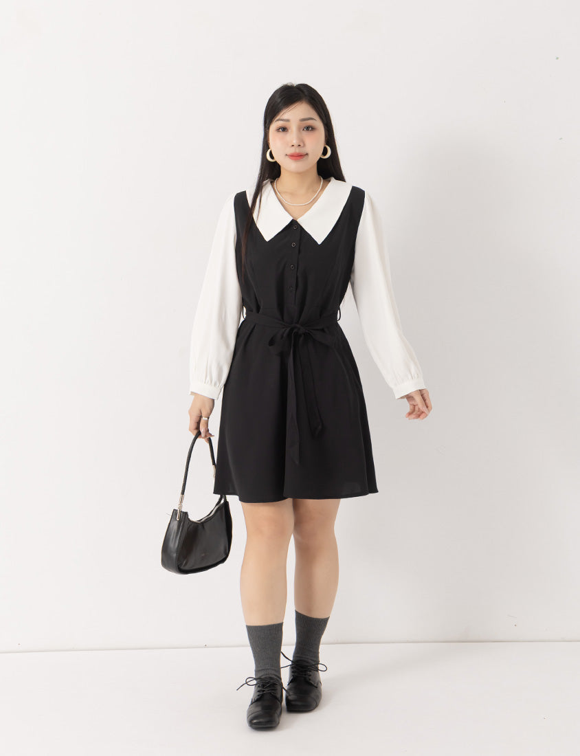 MISS. Faux Two Piece Chiffon Plus Size Long Sleeve Dress (With Waist Tie)