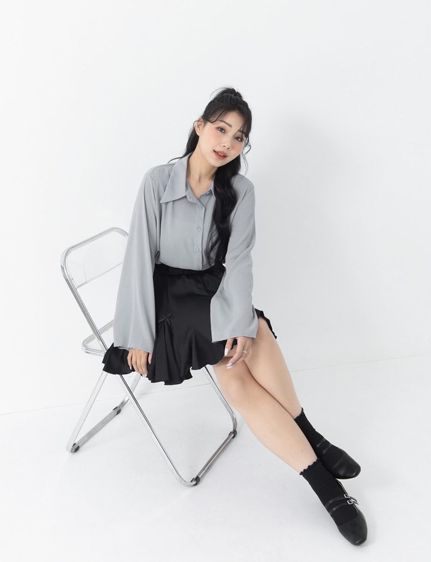 Sheer Crinkle Bell Sleeve Cropped Plus Size Shirt