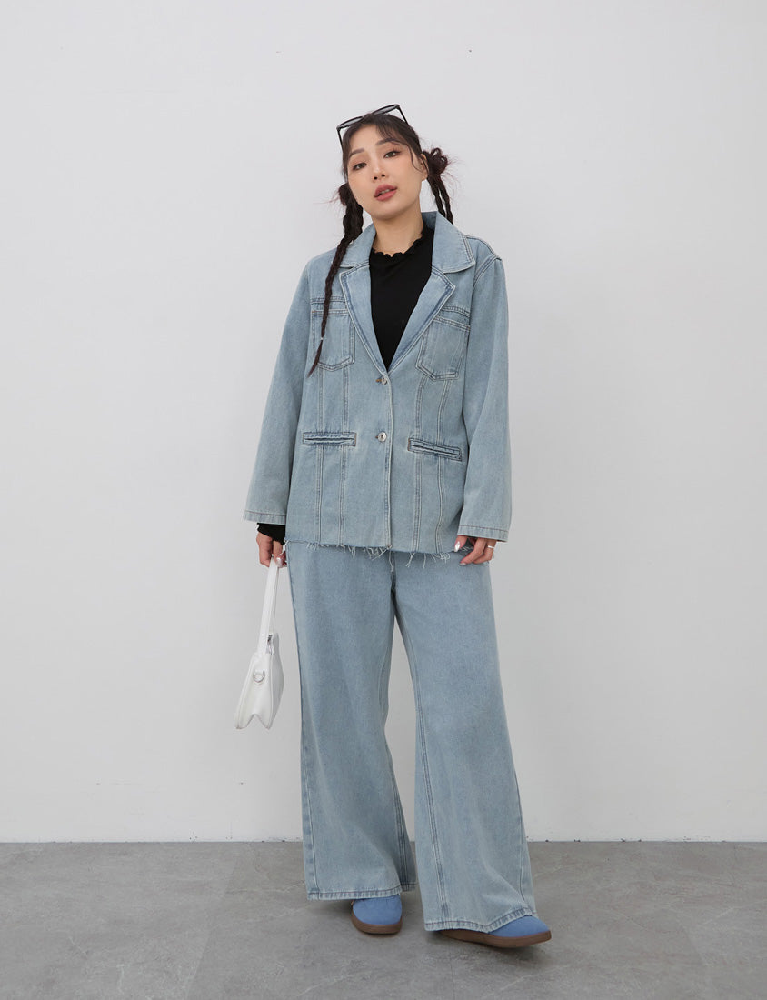 Vintage Washed Denim Plus Size Blazer (Unisex)