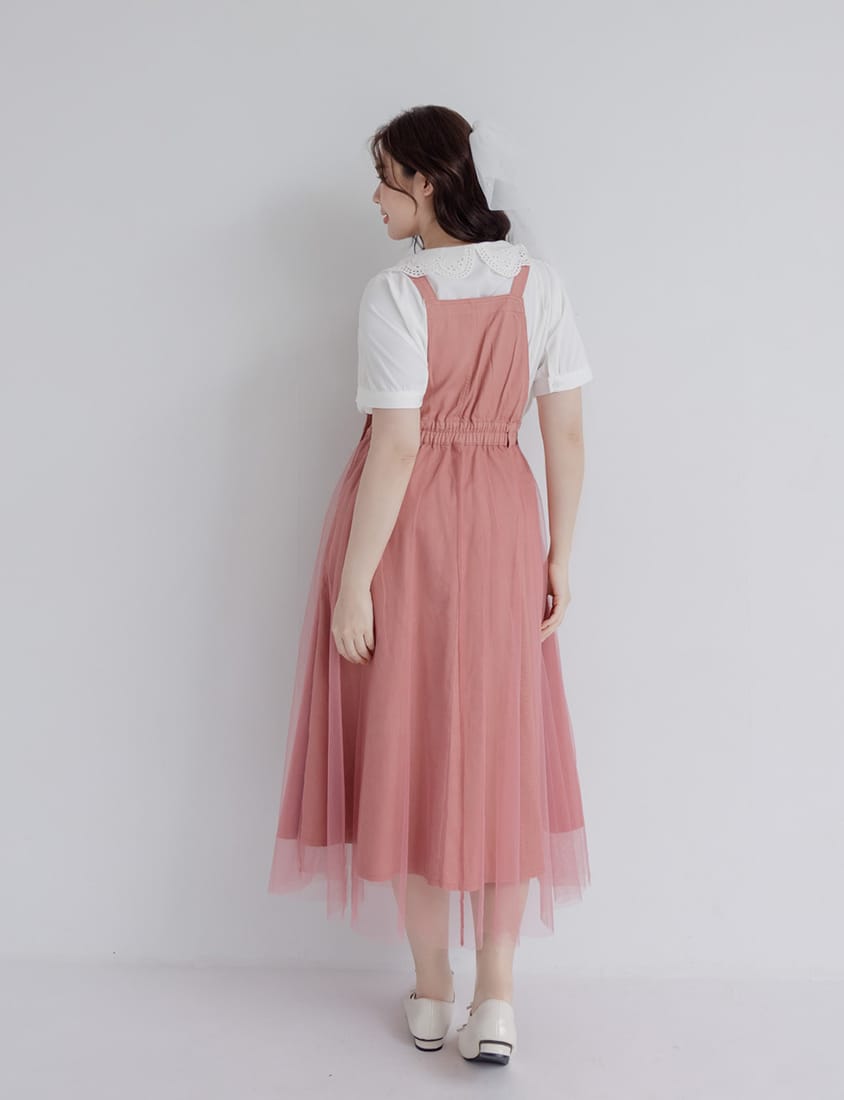 Sweet Adjustable Twill Strap Tulle Panel Plus Size Dress