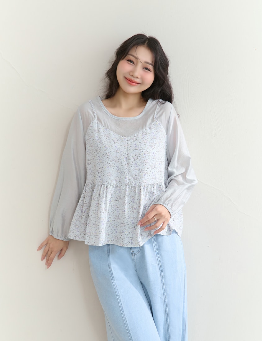 Floral Faux Two Piece Sheer Plus Size Long Sleeve Top