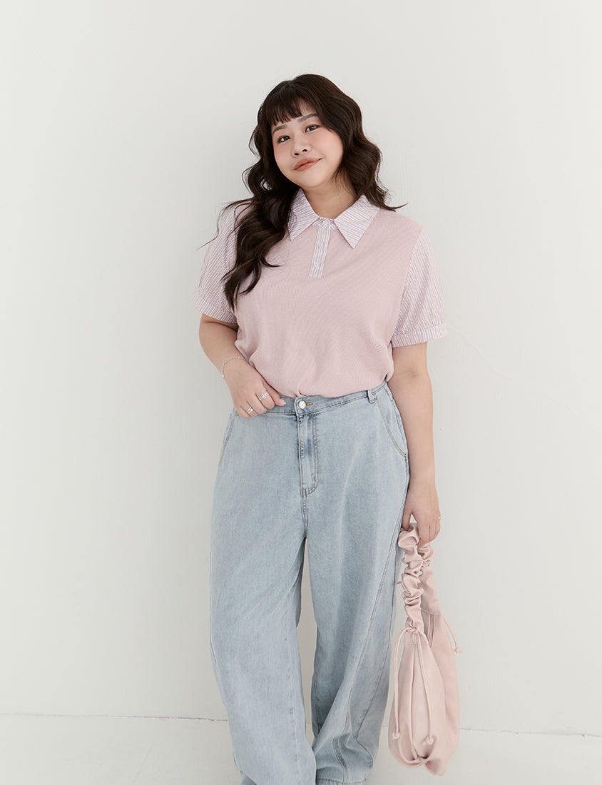 Waffle Knit Contrast Stripe Plus Size Top