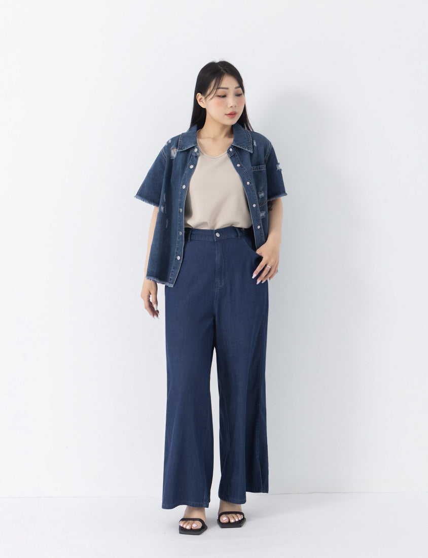 Tencel Silky Denim Distressed Plus Size Shirt Jacket