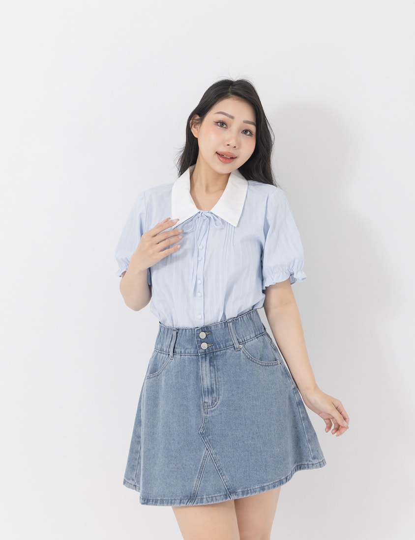 Sweet Pleated Collar Tie-Front Puff Sleeve Plus Size Shirt