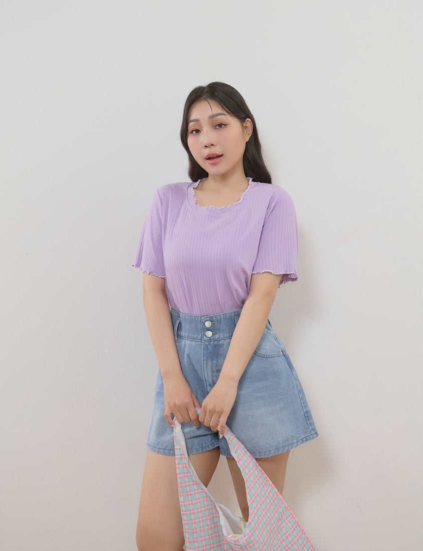 Cute Ruffle Trim Ribbed Plus Size Top
