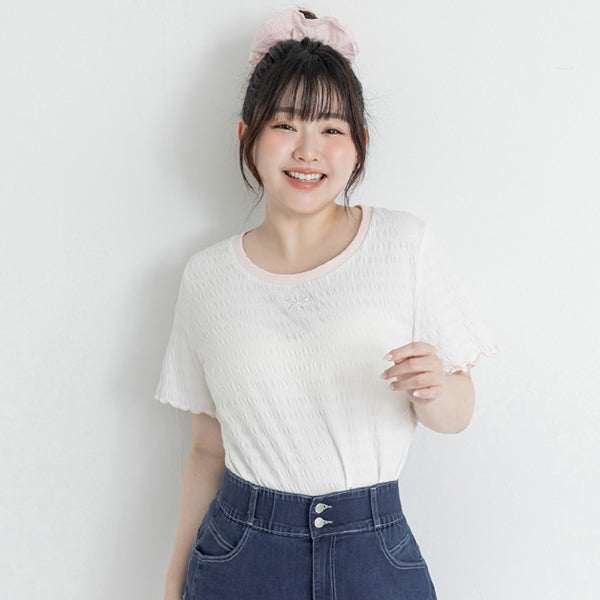 Bow Embroidery Ruffle Crinkle Plus Size Top
