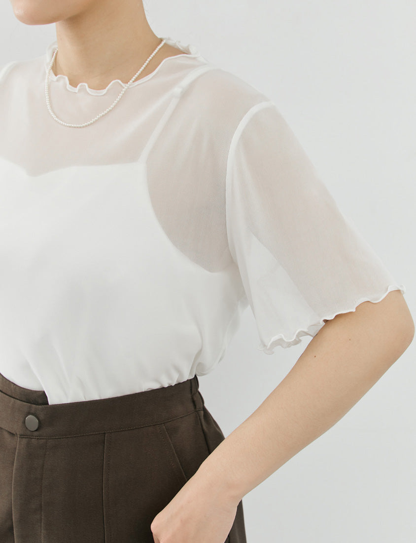 MISS. Ruffle Trim Sheer Plus Size Short Sleeve Top