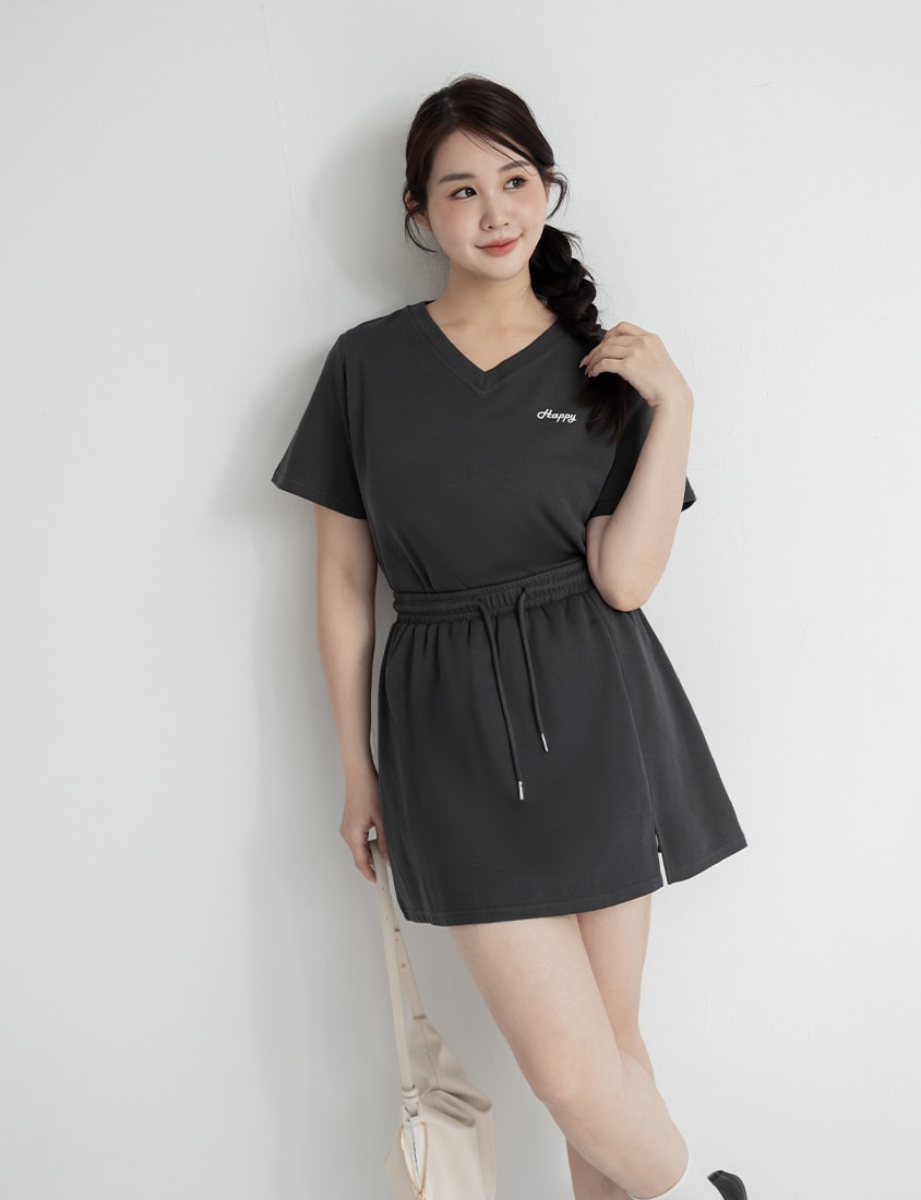 Soft Stretch Cotton Side Slit Drawstring Plus Size Mini Skirt