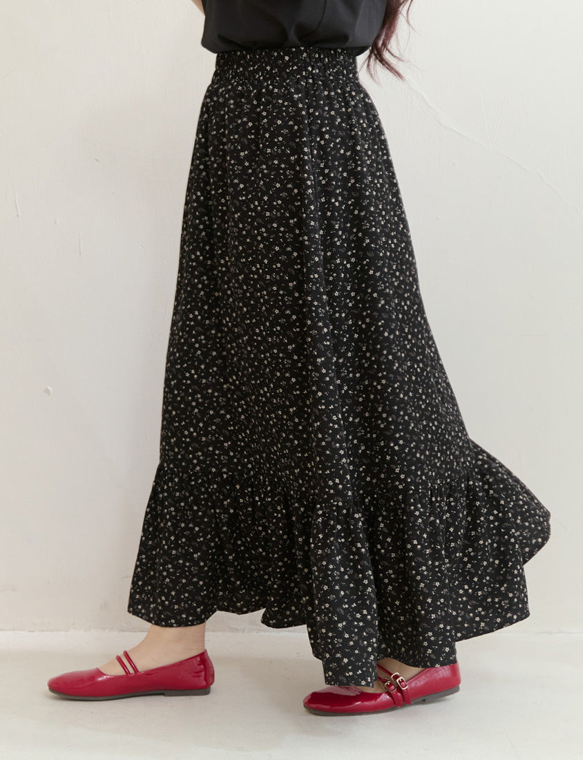 Soft Floral Full Elastic Waist Plus Size Tiered Maxi Skirt