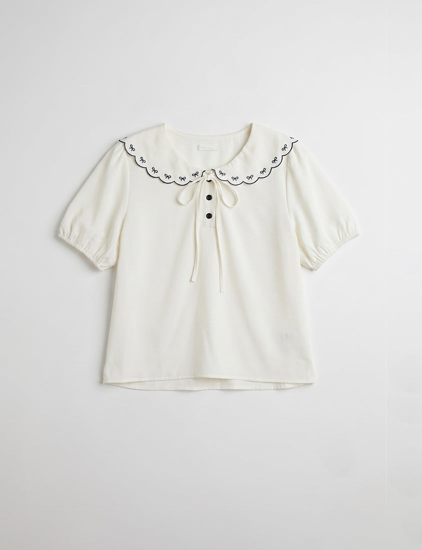 Cute Bow Embroidered Collared Plus Size Top
