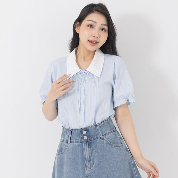 Sweet Pleated Collar Tie-Front Puff Sleeve Plus Size Shirt