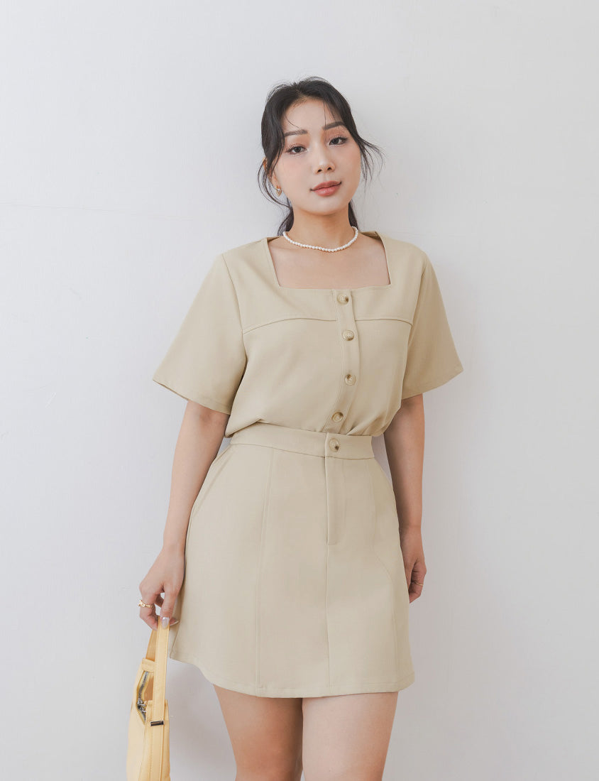 MISS. Korean Style Square Neck Twill Faux Button Top