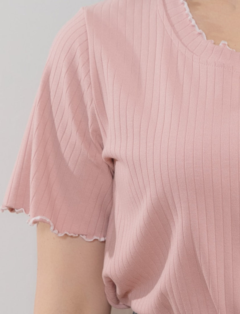 Cute Ruffle Trim Ribbed Plus Size Top