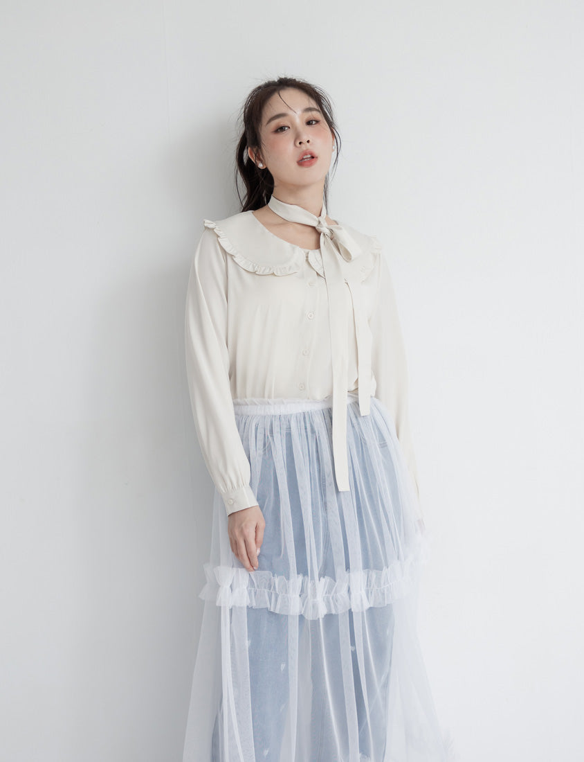 Satin Ruffle Fairy Collar Plus Size Blouse (with Tie)