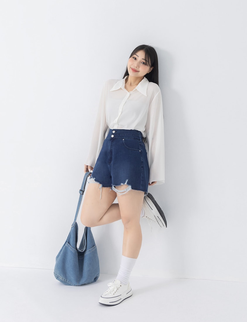 Sheer Crinkle Bell Sleeve Cropped Plus Size Shirt