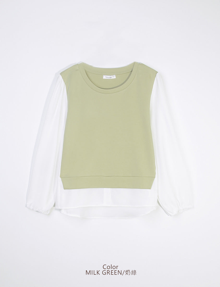 Crewneck Puff Sleeve Faux Two Piece Plus Size Long Sleeve Top