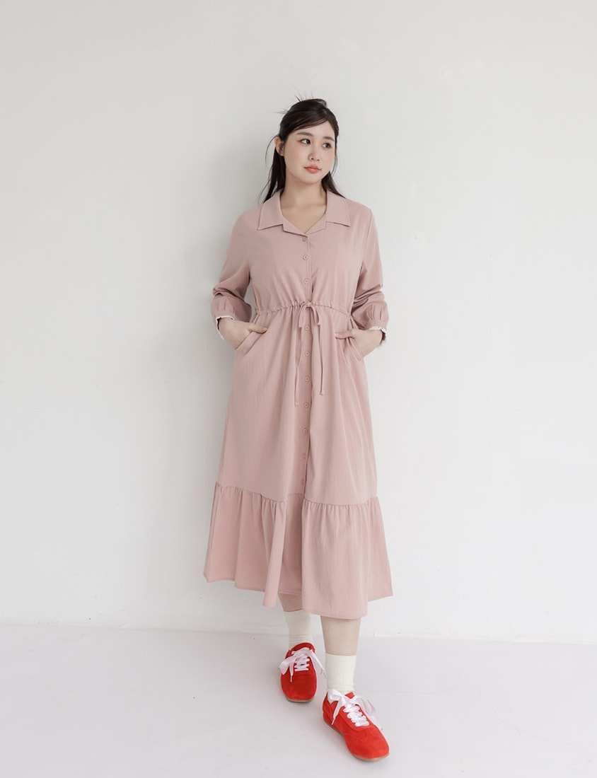 Cuban Collar Drawstring Waist Tiered Plus Size Dress
