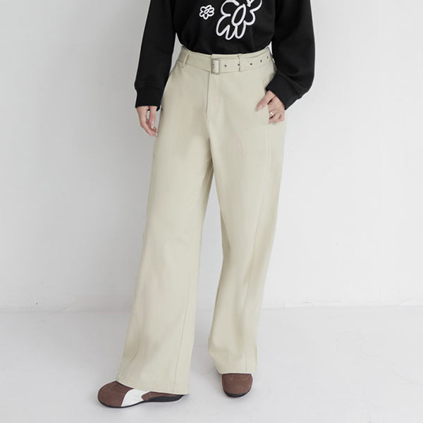 Versatile Twill Back Elastic Plus Size Straight Leg Pants (With Belt)