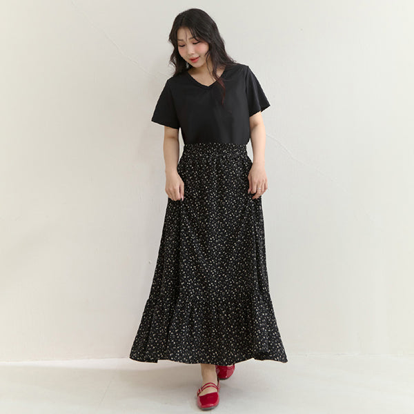 Soft Floral Full Elastic Waist Plus Size Tiered Maxi Skirt